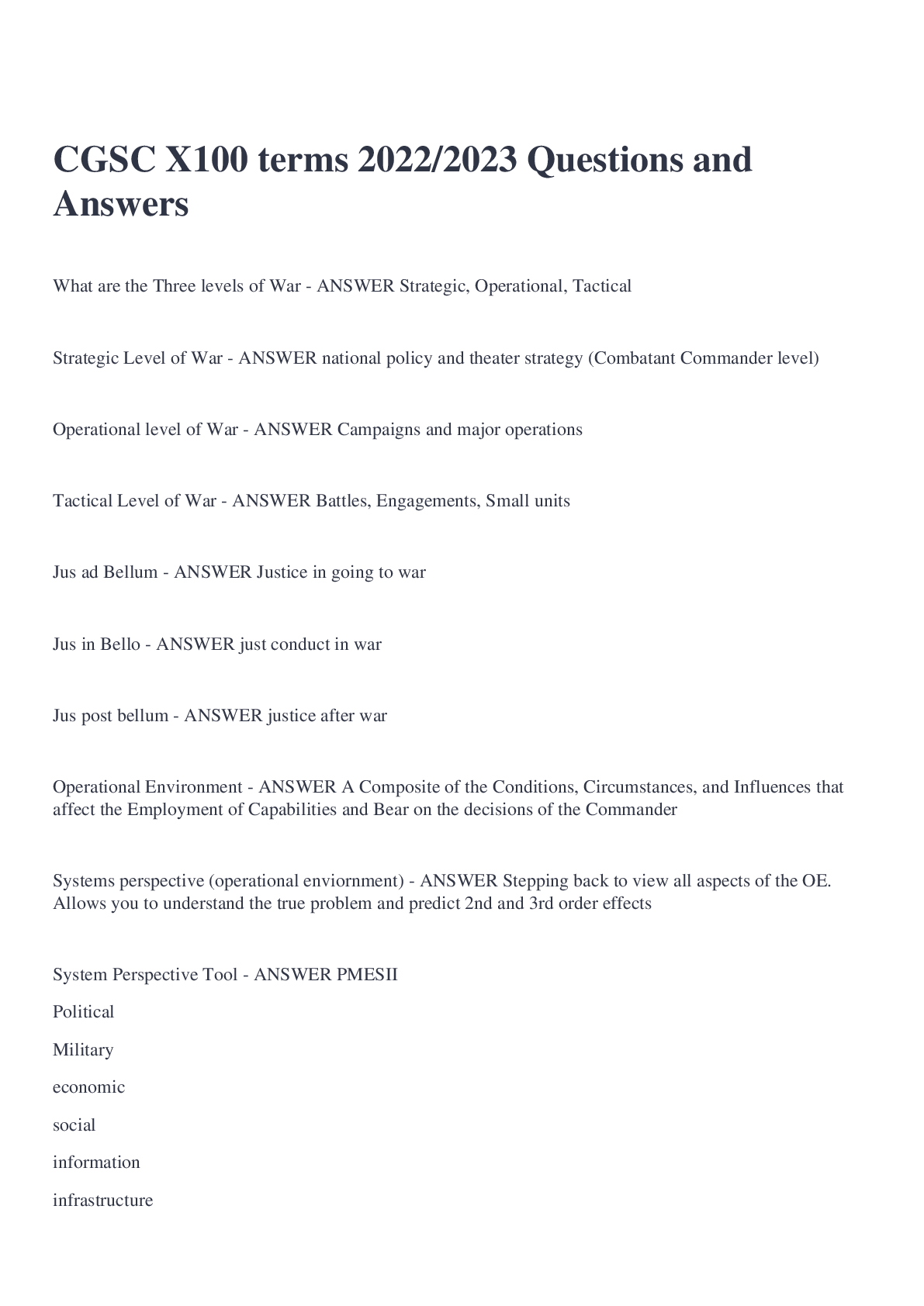 Preview image for CGSC X100 terms 2022/2023 Questions and Answers